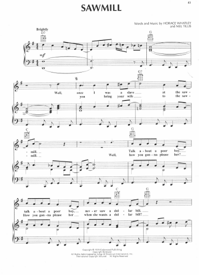 Picture of Sawmill, Horace Whatley & Mel Tillis, recorded by Mell Tillis, sheet music