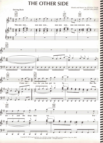 Picture of The Other Side, Steven Tyler & Jim Vallance, recorded by Aerosmith, sheet music