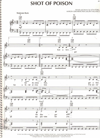 Picture of Shot of Poison, Myron Grombacher & Jim Vallance, recorded by Lita Ford, sheet music