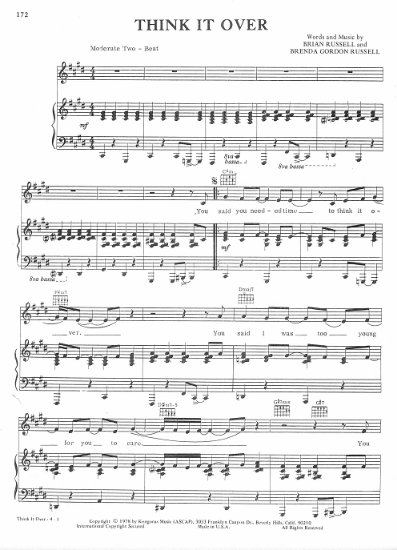 Picture of Think It Over, Brian Russell & Brenda Gordon Russell, recorded by Cheryl Ladd, sheet music