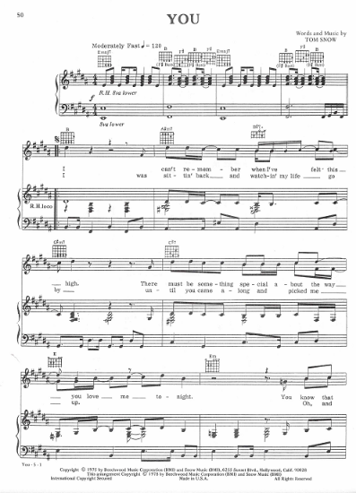 Picture of You, Tom Snow, sung by Rita Coolidge, sheet music