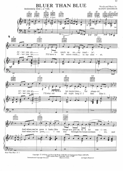 Picture of Bluer Than Blue, Randy Goodrum, recorded by Michael Johnson, sheet music