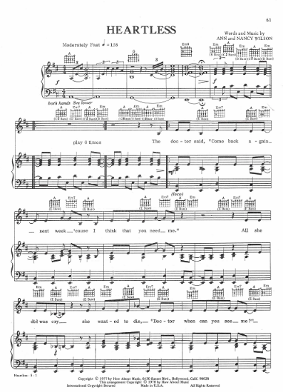 Picture of Heartless, Ann & Nancy Wilson, recorded by Heart, sheet music