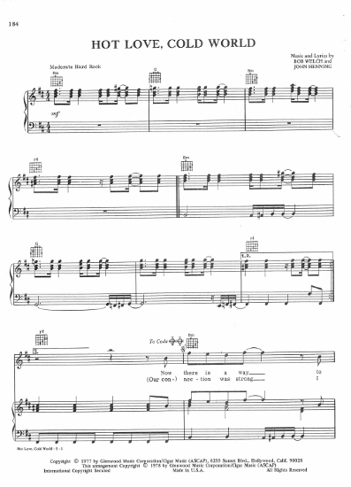 Picture of Hot Love Cold World, Bob Welch & John Henning, sheet music