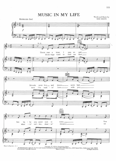 Picture of Music in My Life, written & recorder by Mac Davis, sheet music