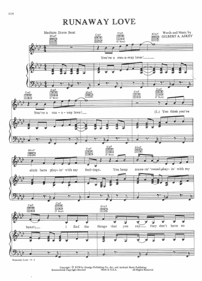Picture of Runaway Love, Gilbert A. Askey, recorded by Linda Clifford, sheet music