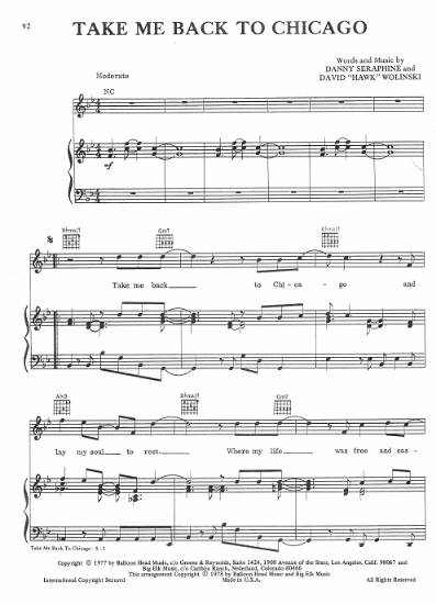 Picture of Take Me Back to Chicago, Danny Seraphine and David "Hawk" Wolinski, recorded by Chicago, sheet music