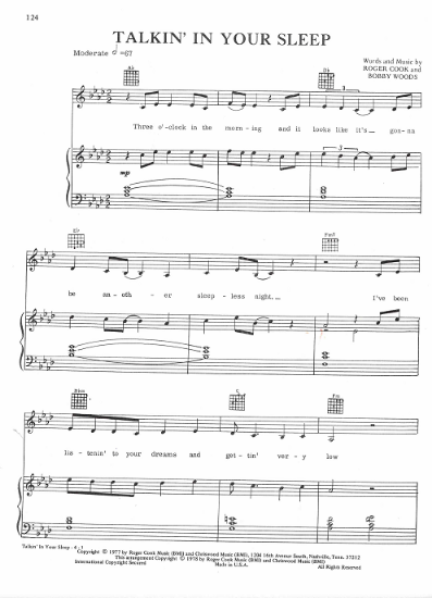 Picture of Talkin' In Your Sleep, Roger Cook & Bobby Woods, recorded by Crystal Gayle, sheet music