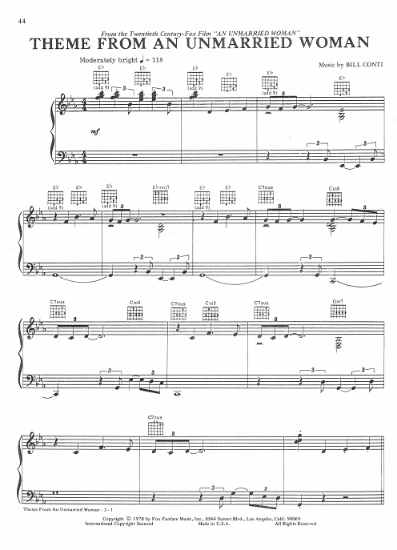 Picture of An Unmarried Woman, movie title theme, Bill Conti, piano solo, sheet music