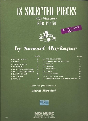 Picture of 18 Selected Pieces, Samuel Maykapar, piano solos, sheet music folio