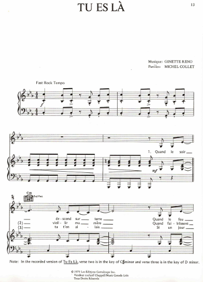 Picture of Tu es la, Ginette Reno & Michel Collet, recorded by Ginette Reno, sheet music