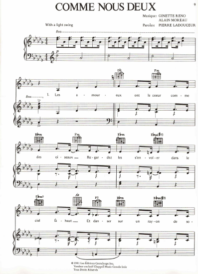 Picture of Comme nous deux, Ginette Reno/ Alain Noreau/ Pierre Ladouceur, recorded by Ginette Reno, sheet music