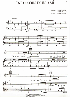 Picture of J'ai besoin d'un ami, Ginette Reno & Michel Collet, recorded by Ginette Reno, sheet music