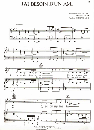 Picture of J'ai besoin d'un ami, Ginette Reno & Michel Collet, recorded by Ginette Reno, sheet music