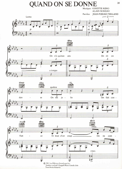 Picture of Quand on se donne, Ginette Reno/ Alain Noreau/ Jean-Pierre Ferland, recorded by Ginette Reno, sheet music