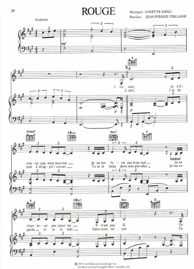 Picture of Rouge, Ginette Reno & Jean-Pierre Ferland, recorded by Ginette Reno, sheet music