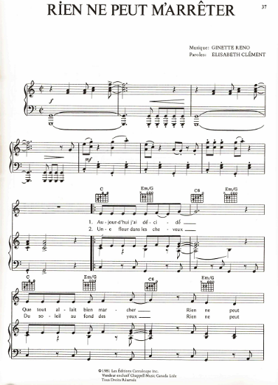 Picture of Rien ne peut m'arreter, Ginette Reno & Elisabeth Clement, recorded by Ginette Reno, sheet music