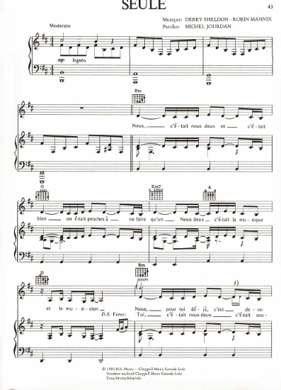 Picture of Seule, Debbie Sheldon/ Robin Mannix/ Michel Jourdan, recorded by Ginette Reno, sheet music