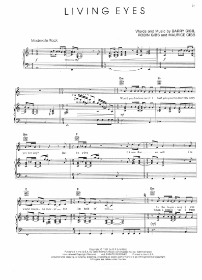 Picture of Living Eyes, written & recorded by The Bee Gees, sheet music