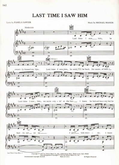 Picture of Last Time I Saw Him, Pamela Sawyer & Michael Masser, recorded by Diana Ross, sheet music