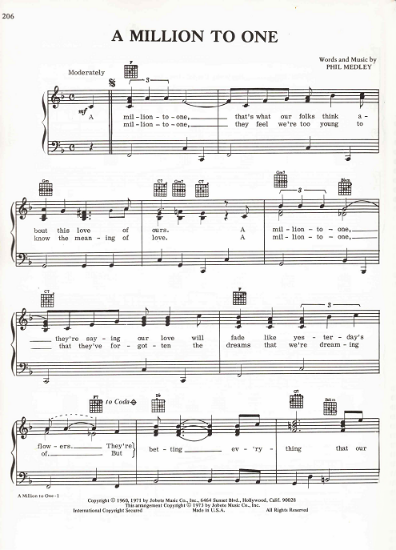 Picture of A Million to One, Phil Medley, recorded by Donny Osmand, sheet music