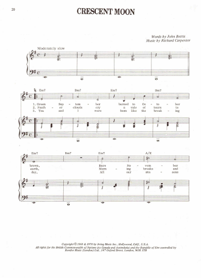 Picture of Crescent Moon, John Bettis & Richard Carpenter, recorded by The Carpenters, sheet music, pdf copy 