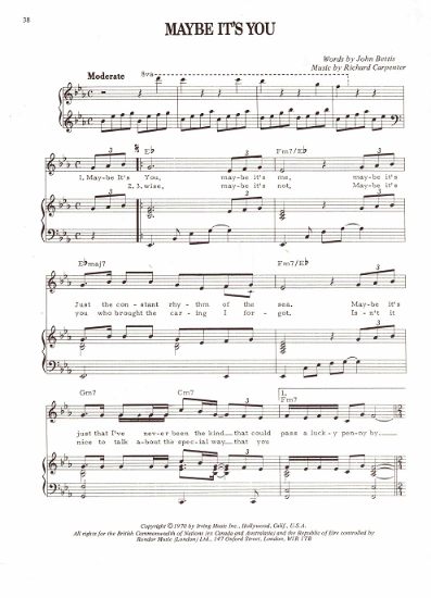 Picture of Maybe It's You, John Bettis & Richard Carpenter, recorded by The Carpenters, sheet music, pdf copy 