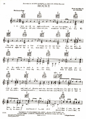 Picture of Rocky, Jay Stevens, recorded by Austin Roberts, guitar/vocal, sheet music