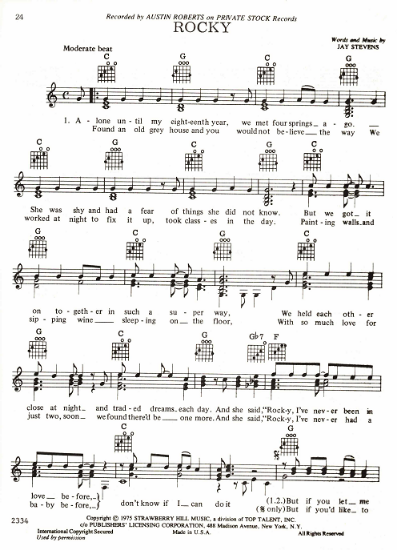Picture of Rocky, Jay Stevens, recorded by Austin Roberts, guitar/vocal, sheet music