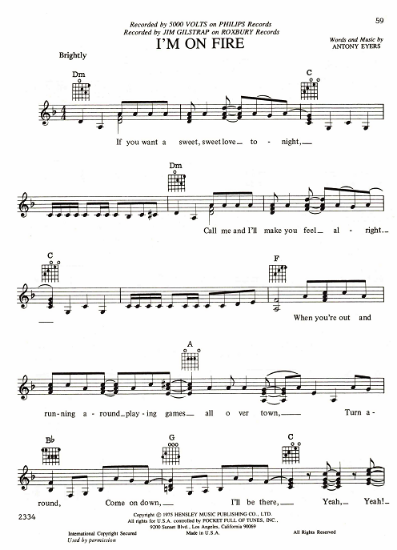 Picture of I'm On Fire, Antony Eyers, recorded by both 5000 Volts & Jim Gilstrap, guitar/vocal, sheet music