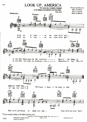 Picture of Look Up America, Bill Backer/ Billy Davis/ Rod McBrien, Coca-Cola commercial song, guitar/vocal, sheet music