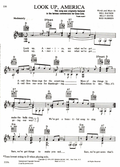 Picture of Look Up America, Bill Backer/ Billy Davis/ Rod McBrien, Coca-Cola commercial song, guitar/vocal, sheet music