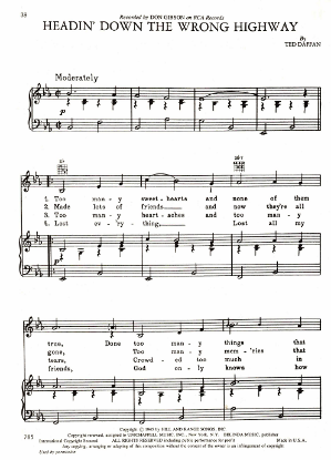 Picture of Headin' Down the Wrong Highway, Ted Daffan, recorded by Don Gibson, sheet music