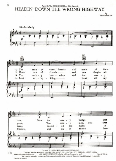Picture of Headin' Down the Wrong Highway, Ted Daffan, recorded by Don Gibson, sheet music