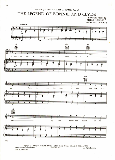 Picture of The Legend of Bonnie and Clyde, Merle Haggard & Bonnie Owens, recorded by Merle Haggard, sheet music