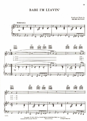 Picture of Babe I'm Leavin', written & recorded by Richie Havens, sheet music