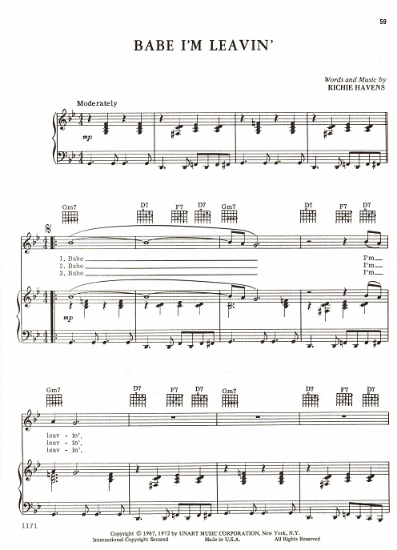 Picture of Babe I'm Leavin', written & recorded by Richie Havens, sheet music