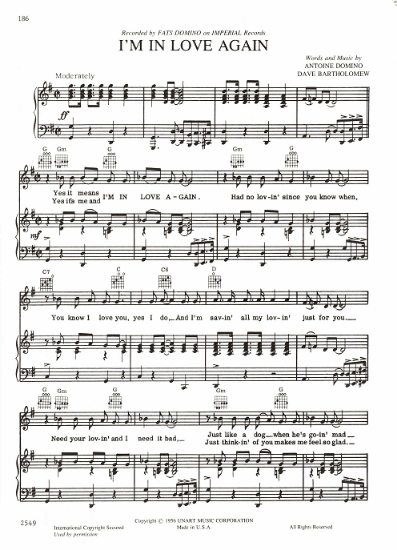 Picture of I'm in  Love Again, Antoine Domino & David Bartholomew, recorded by Fats Domino, sheet music