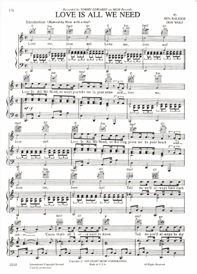 Picture of Love is All We Need, Ben Raleigh & Don Wolf, recorded by Tommy Edwards, sheet music