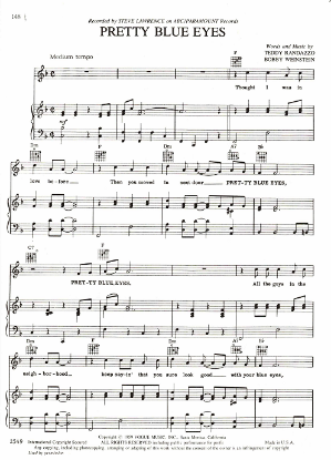 Picture of Pretty Blue Eyes, Teddy Randazzo & Bobby Weinstein, recorded by Steve Lawrence, sheet music