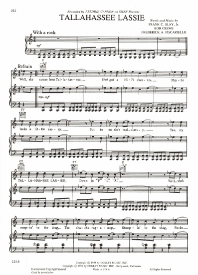 Picture of Tallahassee Lassie, Frank C. Slay Jr./ Bob Crewe/ Fred A. Piscariello, recorded by Freddie Cannon, sheet music