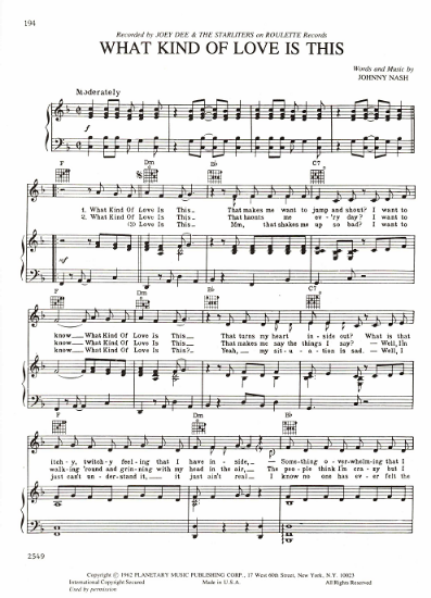 Picture of What Kind of Love is This, Johnny Nash, recorded by Joey Dee & The Starlighters, sheet music
