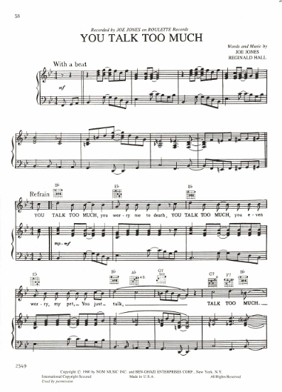 Picture of You Talk Too Much, Joe Jones & Reginald Hall, recorded by Joe Jones, sheet music