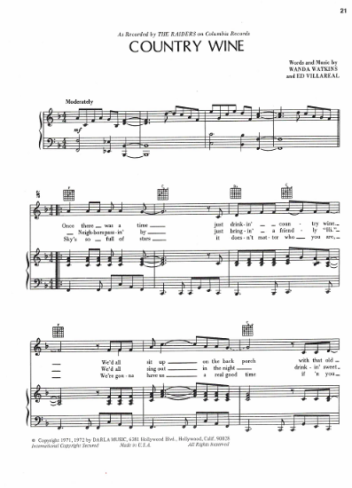 Picture of Country Wine, Wanda Watkins & Ed Villareal, performed by The Raiders, sheet music