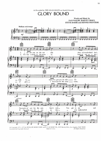 Picture of Glory Bound, Dan Walsh/Harvey Price/Steve Barri/Dennis Provisor, recorded by The Grass Roots, sheet music