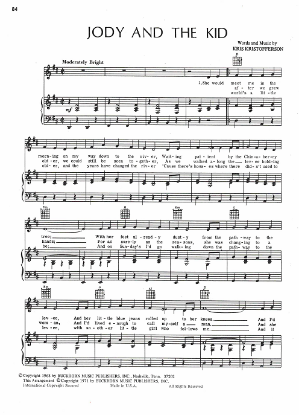 Picture of Jody and the Kid, Kris Kristofferson, sheet music