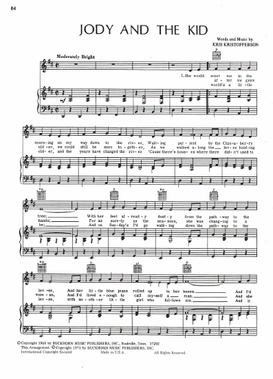 Picture of Jody and the Kid, Kris Kristofferson, sheet music