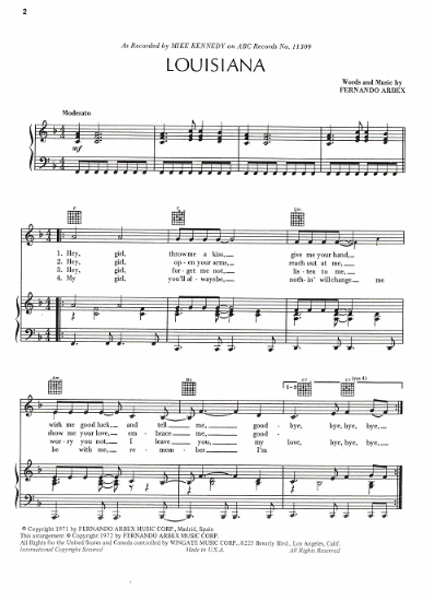 Picture of Louisiana, Fernando Arbex, sung by Mike Kennedy, sheet music