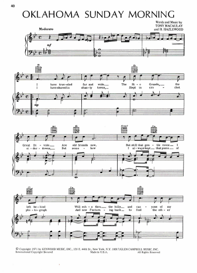 Picture of Oklahoma Sunday Morning, Tony MacAulay & H. Hazelwood, recorded by Glen Campbell, sheet music