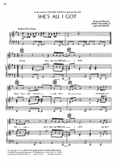 Picture of She's All I Got, Jerry Williams & Gary Bonds, recorded by Freddie North, sheet music